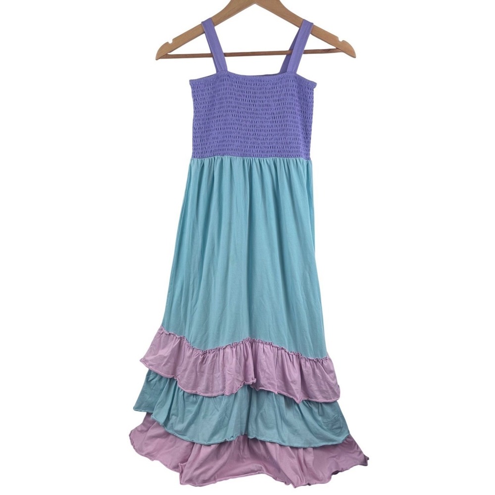 Disney The Little Mermaid Maxi Dress Girls XL 14 Purple Teal Tiered Ruffle Smock